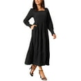 thumbnail image 4 of INSPIRE CHIC Vestido midi fluido de manga larga con escote cuadrado y cintura fruncida para mujer, elegante y casual, vestido de capas en negro, 4 of 6