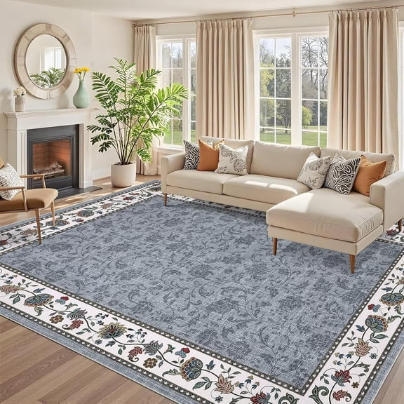 10x13 Vintage Floral Border Area Rug, Non Slip Washable Foldable Low Pile Living Room Bedroom Carpet,grey