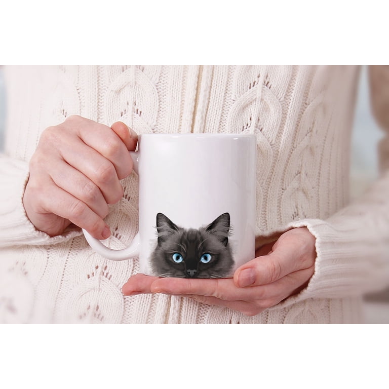 Mugbrew 11 oz Ceramic Tea Cup Coffee Mug, Animal White Silver Point Ragdoll Cat Paws Up