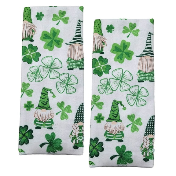 St Patrick's Day Kitchen Towels Absorbent Fast Drying Cloth Soft Feel 100% Polyester Decorative St. Patricks Gnomes Clover Leaf Tea Towel for Home Bathroom Decor Set of 2 & CUSTOM Storage Carrier