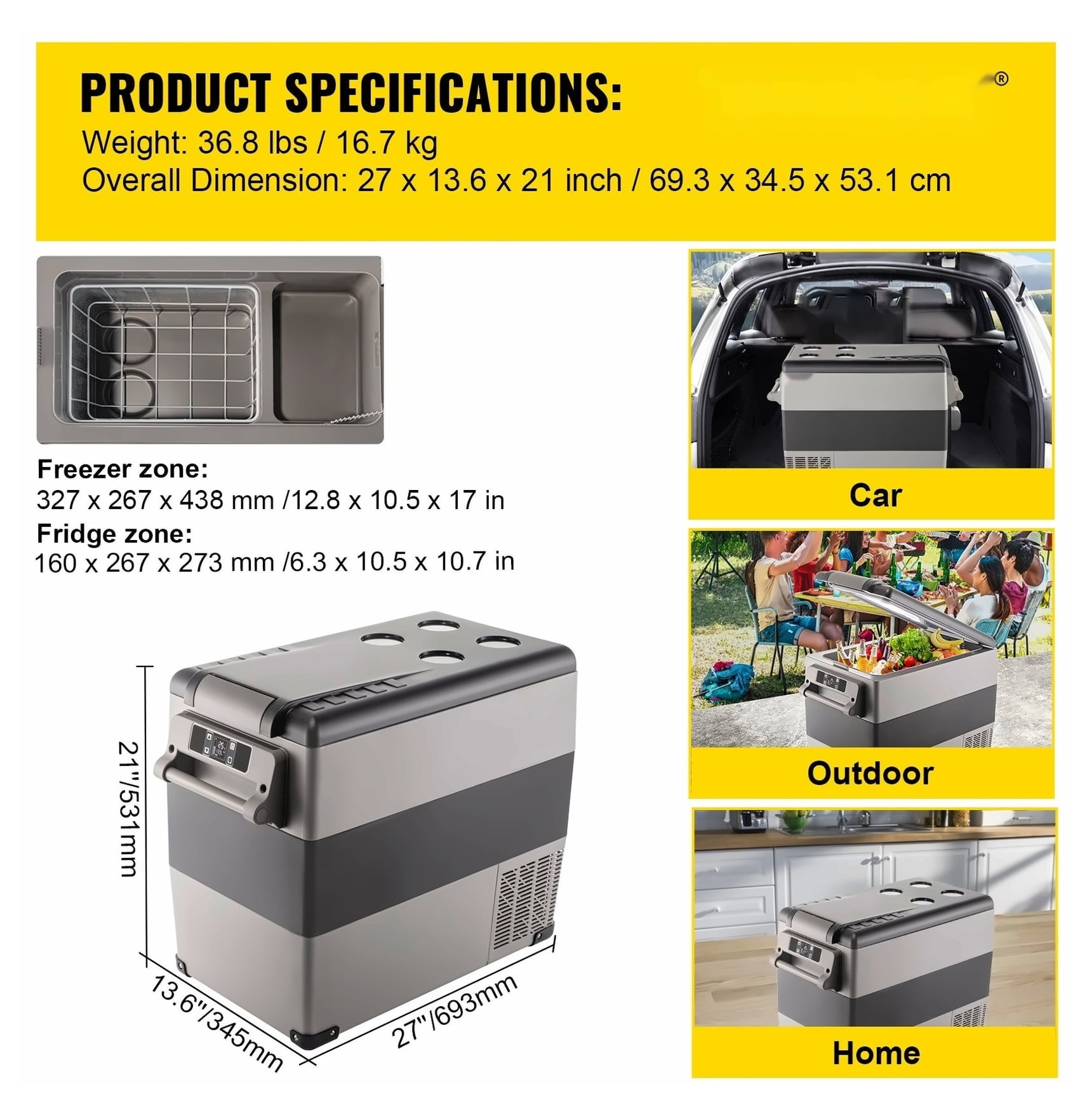 12 Volt Refrigerator 58 Quart, Dual Zone Portable Fridge Freezer, Car Refrigerator for RV, Camping & Home - 12/24V DC & 110-240V AC Powered