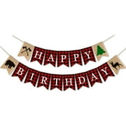 SWYOUN Burlap Lumberjack Happy Birthday Banner Boy Girl Birthday Woodland Theme Birthday Party Decorations Backdrop C7