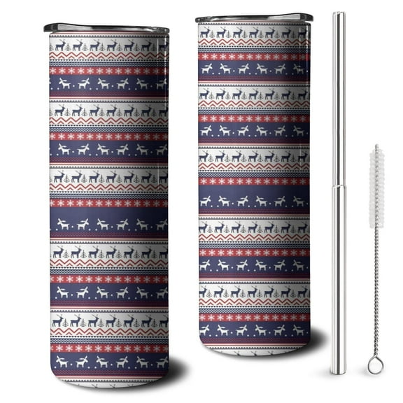 20oz Dark Blue Christmas Reindeer and Donkey Pattern Skinny Tumblers Stainless Steel Tumbler with Lid and Straw,Vacuum Insulated Double Wall Travel Tumbler Cups with Cleaning Brush for Coffee,Tea