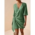 thumbnail image 6 of Olive Green Linen V-Neck Wrap Mini Dress With Side Tie, Casual Summer Style, 6 of 8