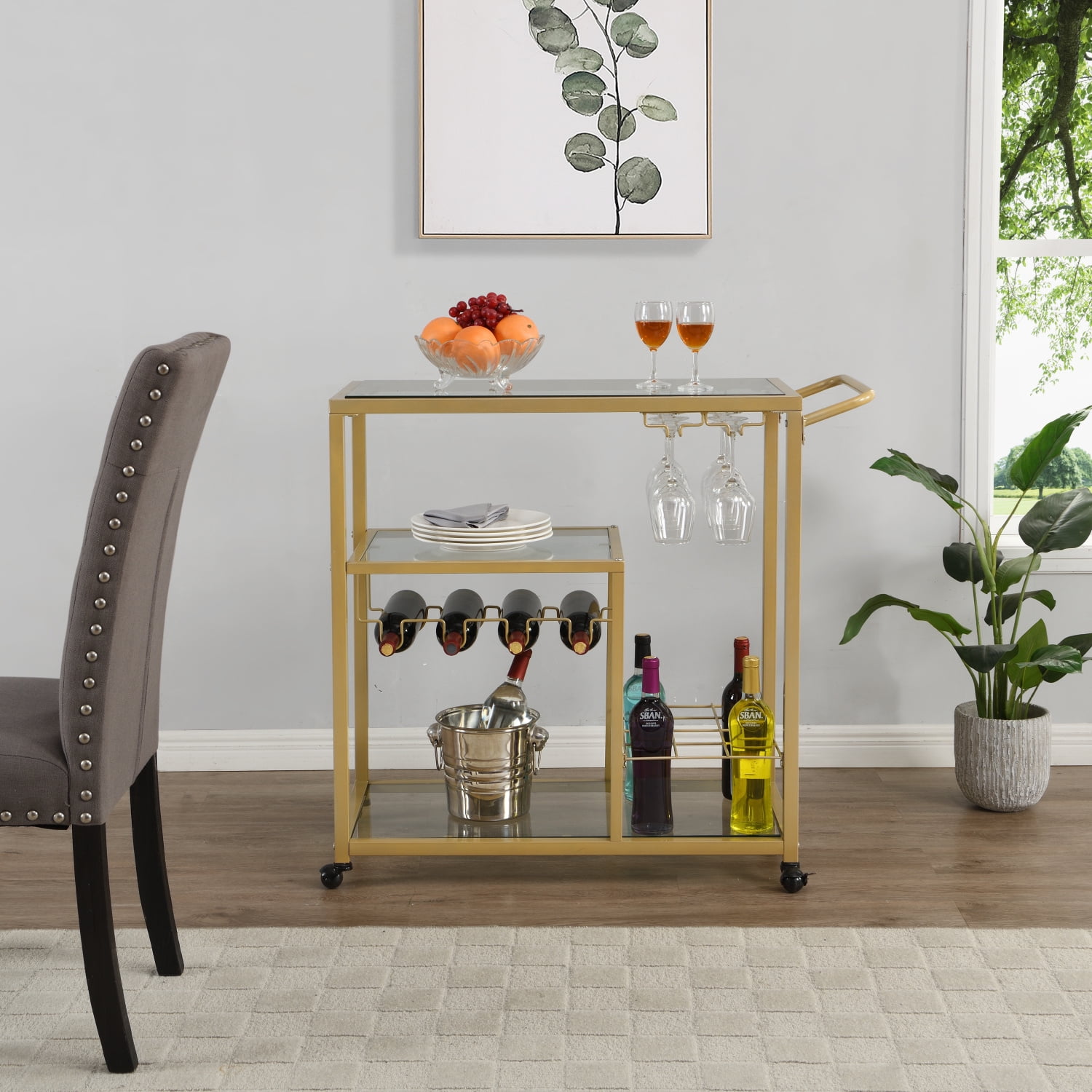 Mqlnutr Golden Bar Serving Cart with Wine Rack and Glass Holder, 3tier