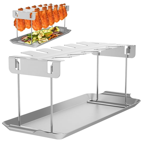 Ikoopy Chicken Leg Rack for Grill 12 Slots Stainless Steel Chicken Wing Rack with Drip Tray Folding Chicken Drumstick Rack Dishwasher Safe Portable Chicken Leg Rack for Outdoor BBQ Picnic