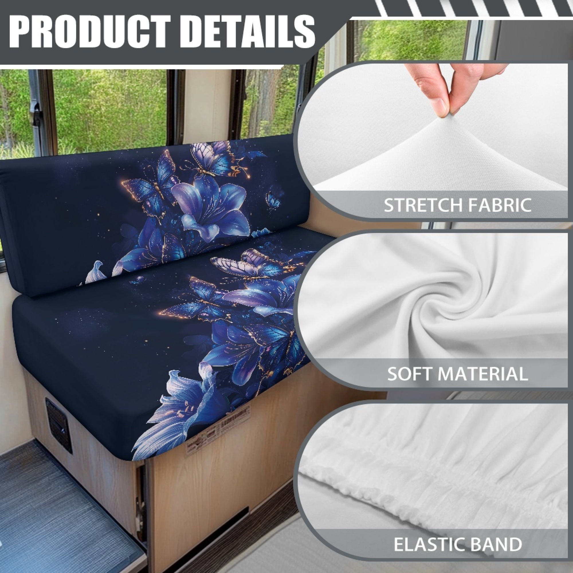 FOR U DESIGNS Butterfly Lily Pattern 2 Pieces RV Dinette Cushion Covers,Washable Camper Cushion Slipcovers Replacement Sofa Cushions Slipcovers for Travel Trailer Couch