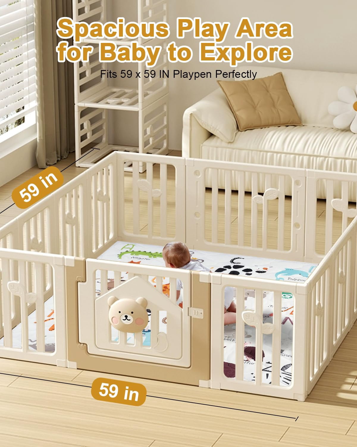 Premium Foam Baby Play Mat 59" x 59" – Removable & Machine Washable Cover, Extra Thick Padding Playpen Mat, Non-Slip Crawling Mat, Easy to Clean for Infants, Toddlers & Babies
