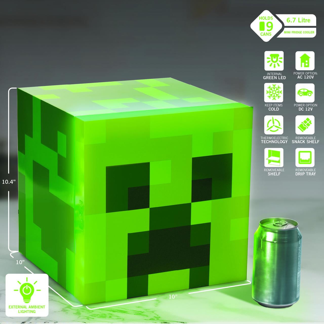 Minecraft 17923 Green Creeper 9 Can Mini Fridge 6.7L 1 Door Ambient Lighting 10.4 in H 10 in W 10 in D