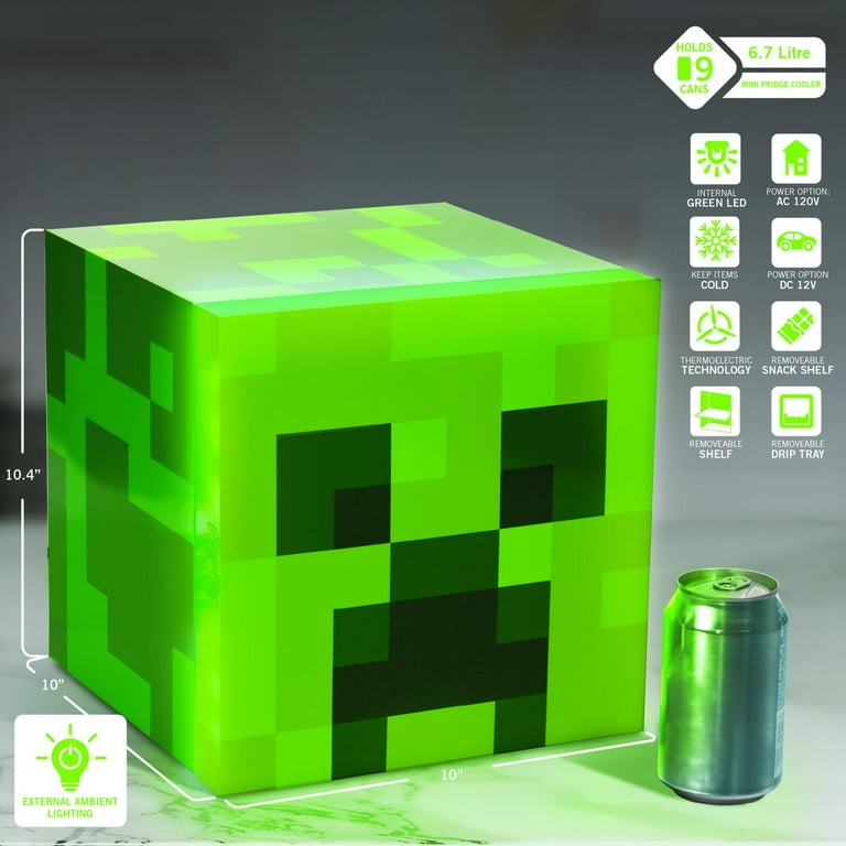 Minecraft Green Creeper 9 Can Mini Fridge 6.7L 1 Door Ambient Lighting 10.4  in H 10 in W 10 in D 