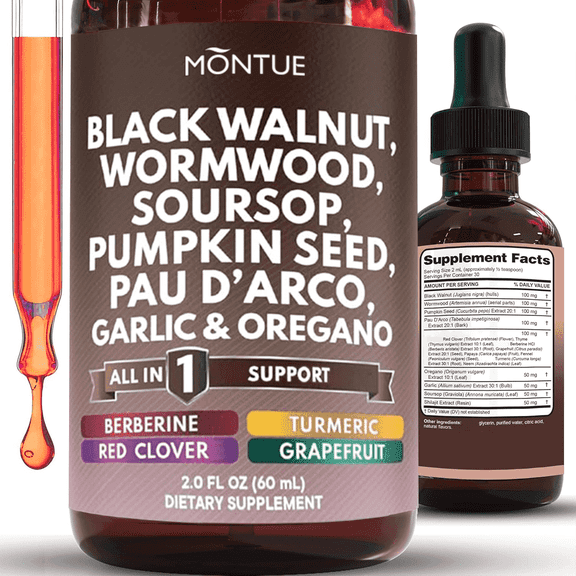 Montue Black Walnut Hull Wormwood Supplement Vegan Gluten-Free Digestive Aid Gut Health with Organic Garlic 1 bottle 2.OZ (60ML)