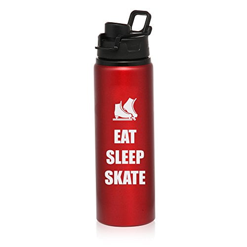 25 oz Aluminum Sports Water Travel Bottle Eat Sleep Skate Ice Skates (Red) by