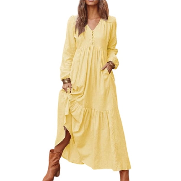 Vestido Bohemio de Algodón para Mujer, con Escote en V, Larga, Holgado, para Playa, con Bolsillos y Botones Amarillo L