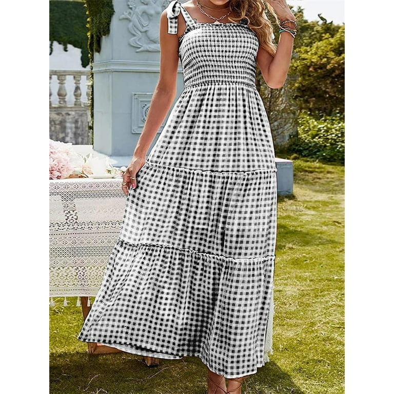 Utcoco 2026 Women's Summer Plaid Smocked Dress A Line Tiered Long Dress, Size: Medium, Black