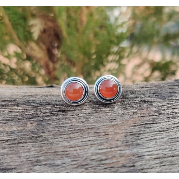 Carnelian Stud Earrings – 925 Sterling Silver Tiny Round Orange Gemstone Studs for Women, Handmade Minimalist Boho Jewelry, Cute Bridesmaid Gift for Birthday, Anniversary