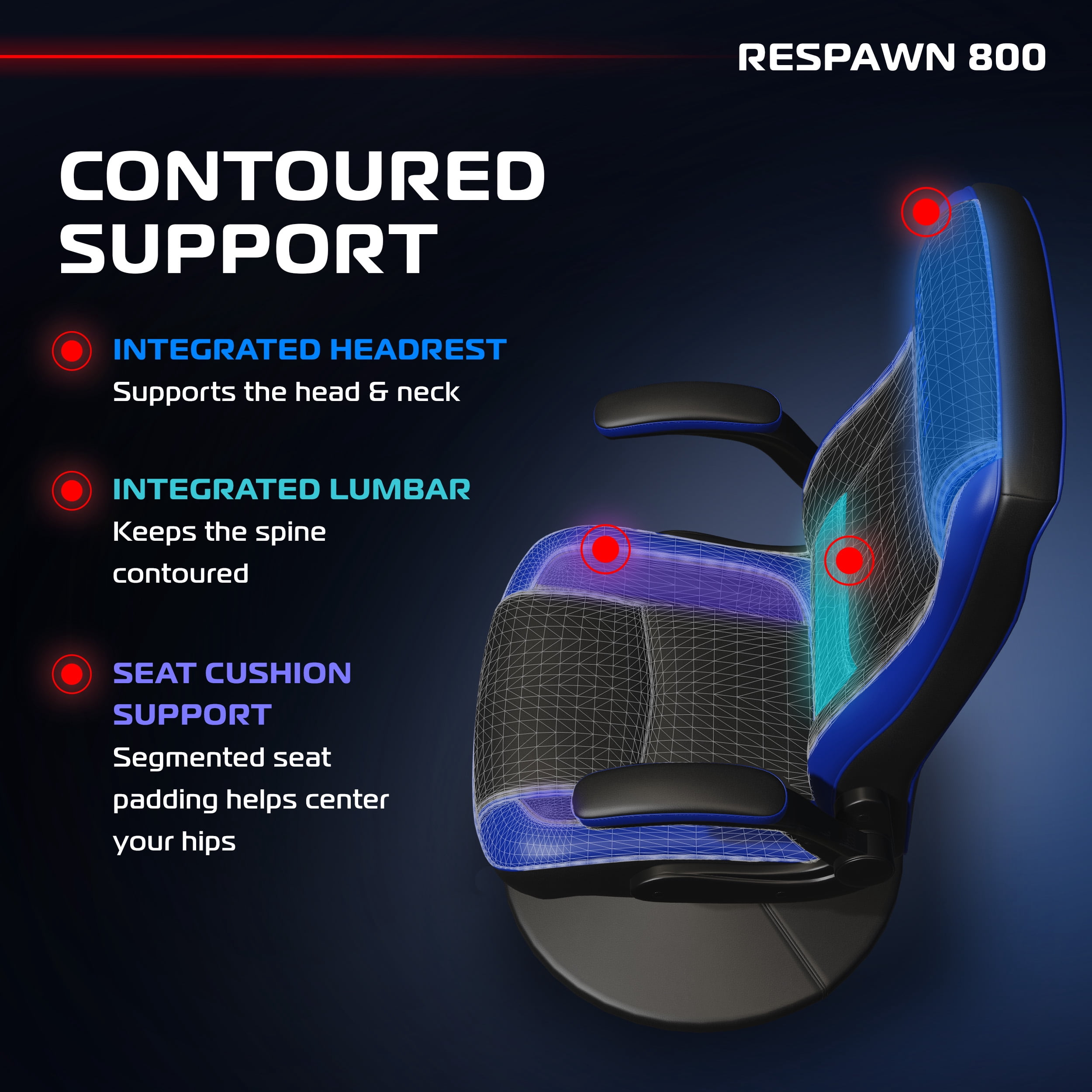 RESPAWN 800 Swivel Rocker Gaming Chair - Ergonomic Floor Gaming Seat with Lumbar Support, Flip Up Armrest, High Back, Pedestal Base, Comfortable No Wheels Console Video Game Rocker Chair - Blue