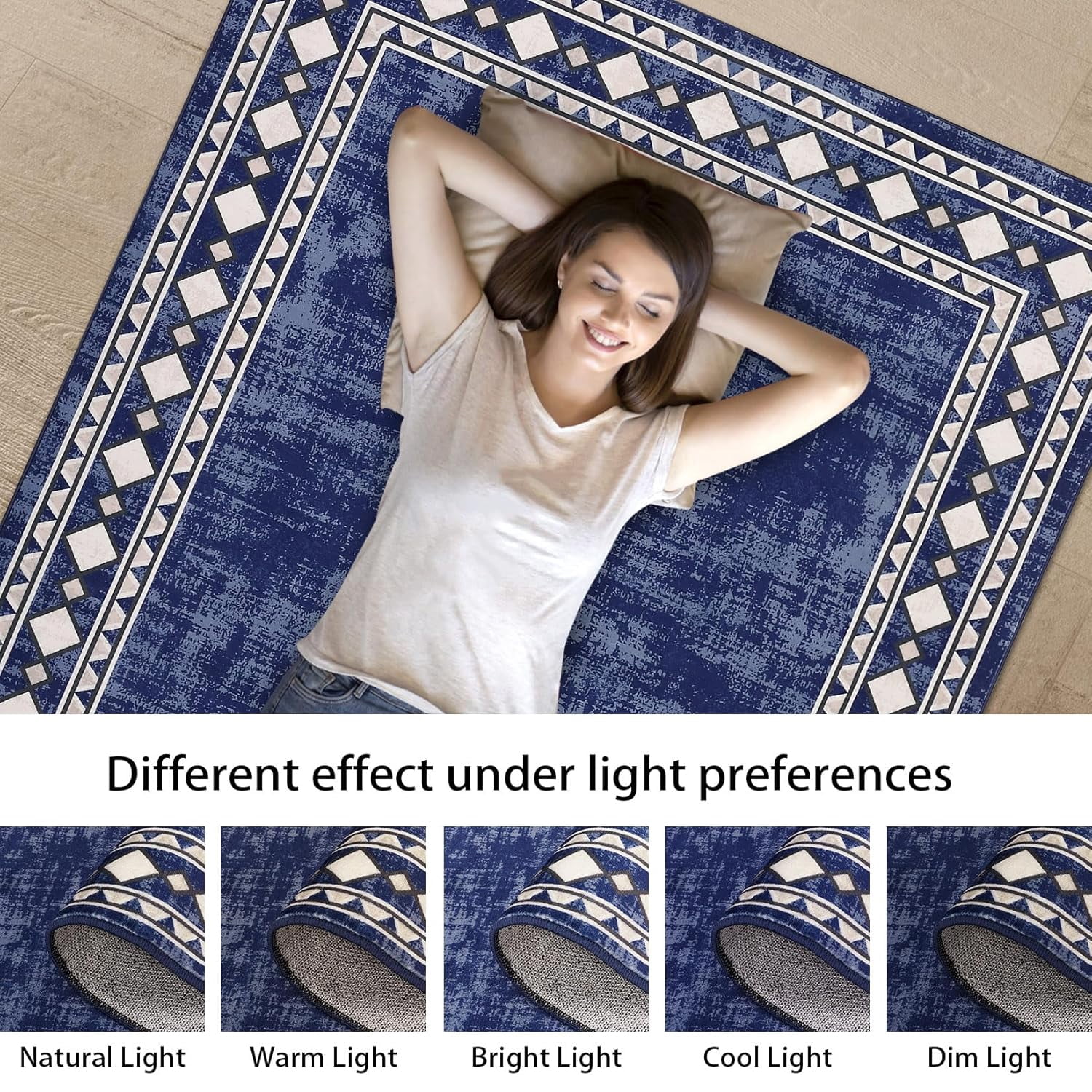 Shininglove Modern Bordered Area Rugs 8x10ft for Living Room, Machine Washable Low Pile Carpet with TPR Non-Slip Backing for Home Office(Navy)