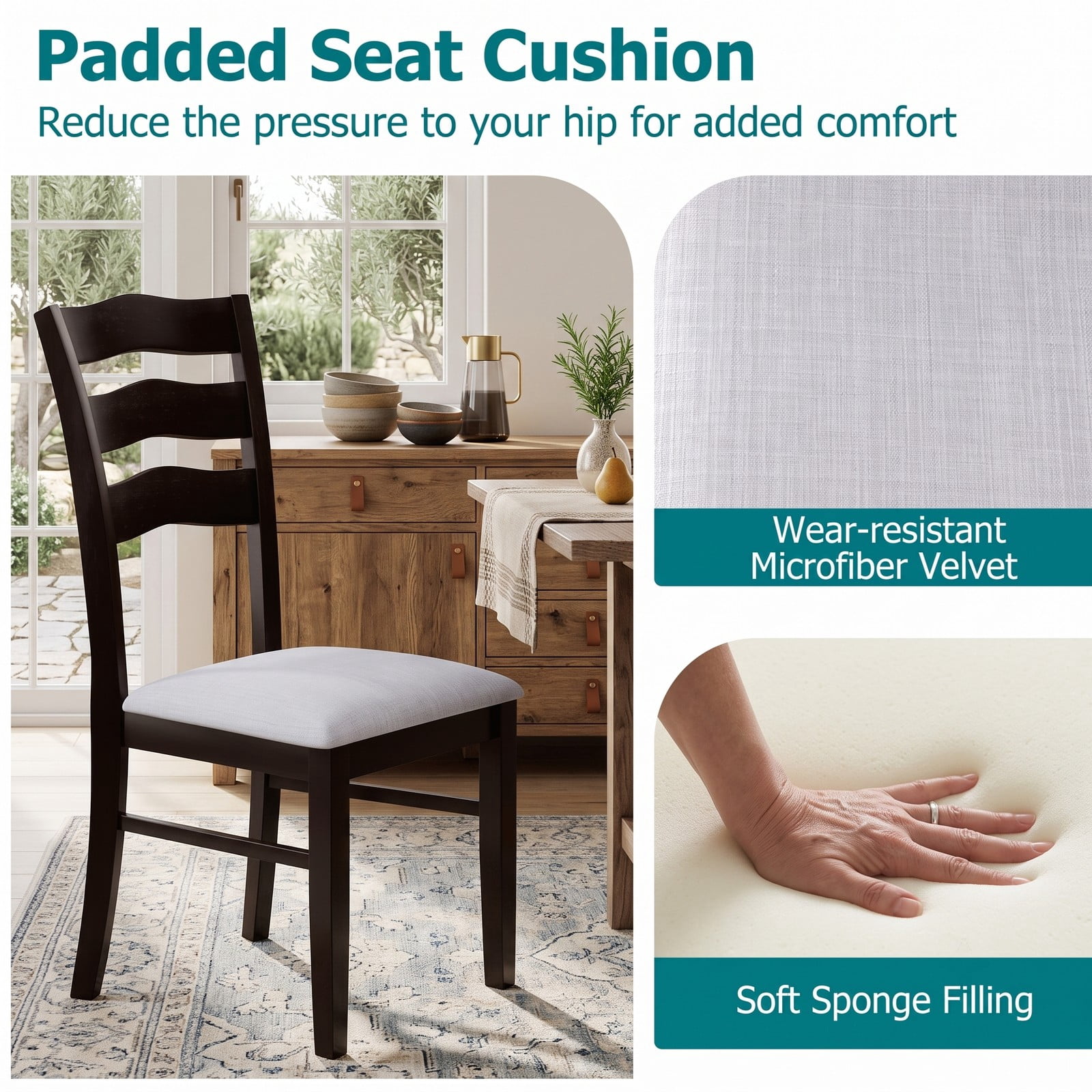 Furnibear Farmhouse Dining Chairs Set of 2, Upholstered Velvet Kitchen Chairs with Elegant Hollowed Wave Backrest, Rubber Wood Legs, Ergonomic Side Chairs for, Gray
