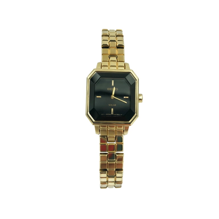 gold seiko dress watch Women's SUP196 Solar Black Dial Tone Steel Power Reserve moccasin shoes