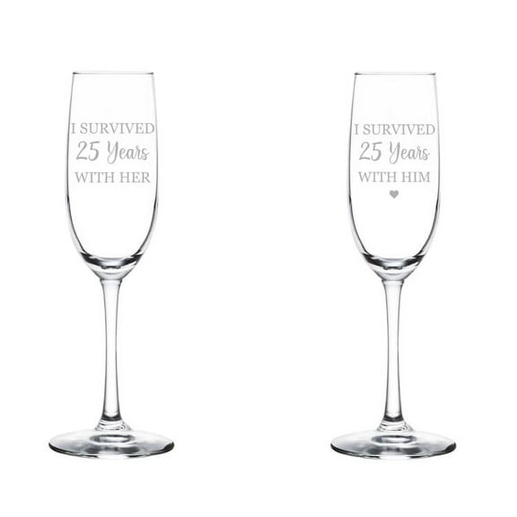 Set of 2 Glass Champagne Flutes Sparkling Wine Glasses Gift I Surived 25 Years 25th Anniversary (8 oz Stemmed)