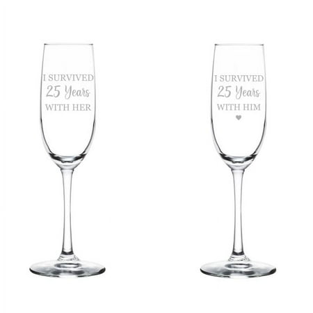 Set of 2 Glass Champagne Flutes Sparkling Wine Glasses Gift I Surived 25 Years 25th Anniversary (8 oz Stemmed)