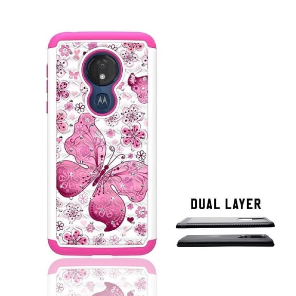 Phone Case for Straight Talk Moto g7 Optimo/ Motorola Moto G7 Play, Studded Rhinestone Crystal Bling Dual Layer Shockproof Cover Case (White Pink Butterfly)