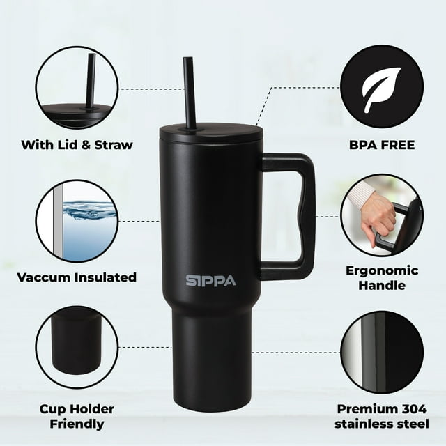 Gobelet en Acier Inoxydable de 40 oz avec Couvercle à Paille – Rétention Chaude et Froide de 24+ Heures, Conception Étanche au Quart de Tour, Compatible avec Porte-Gobelet – Noir Jais