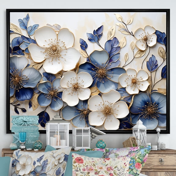 Designart "Blue-Gold Violet Minimalist Art" Violets Floater Framed Wall Decor