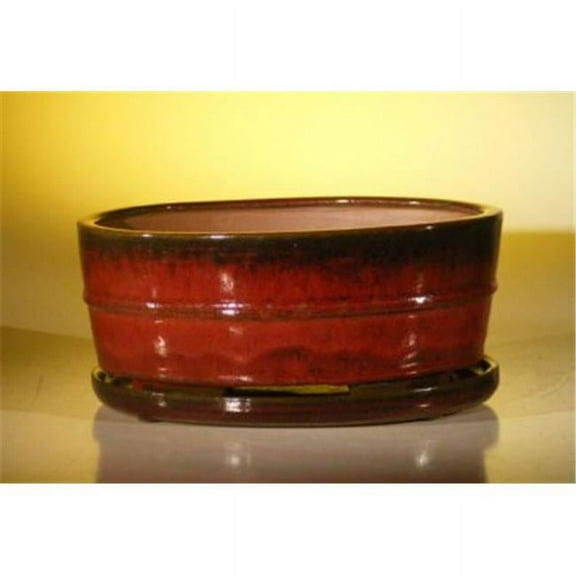 Bonsai Boy L242 10.75 x 8.5 x 4.125 in. Oval Ceramic Bonsai Pot - Professional Series with Attached Humidity & Drip Tray, Parisian Red