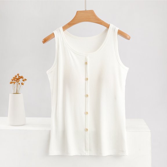 asjyhkr Built in Bra Tank Tops for Women Button Loose Crew Neck Summer Outfits Daily Casual Loungewear Sleeveless Tops