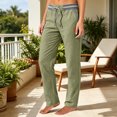 thumbnail image 2 of Women's Soft Linen Cotton Blend Straight Leg Pants, Mid Elastic Waist Pockets, Casual Business Summer Work Wear, Long Womens Trousers Capris | UKHCCC,Army Green L, 2 of 8