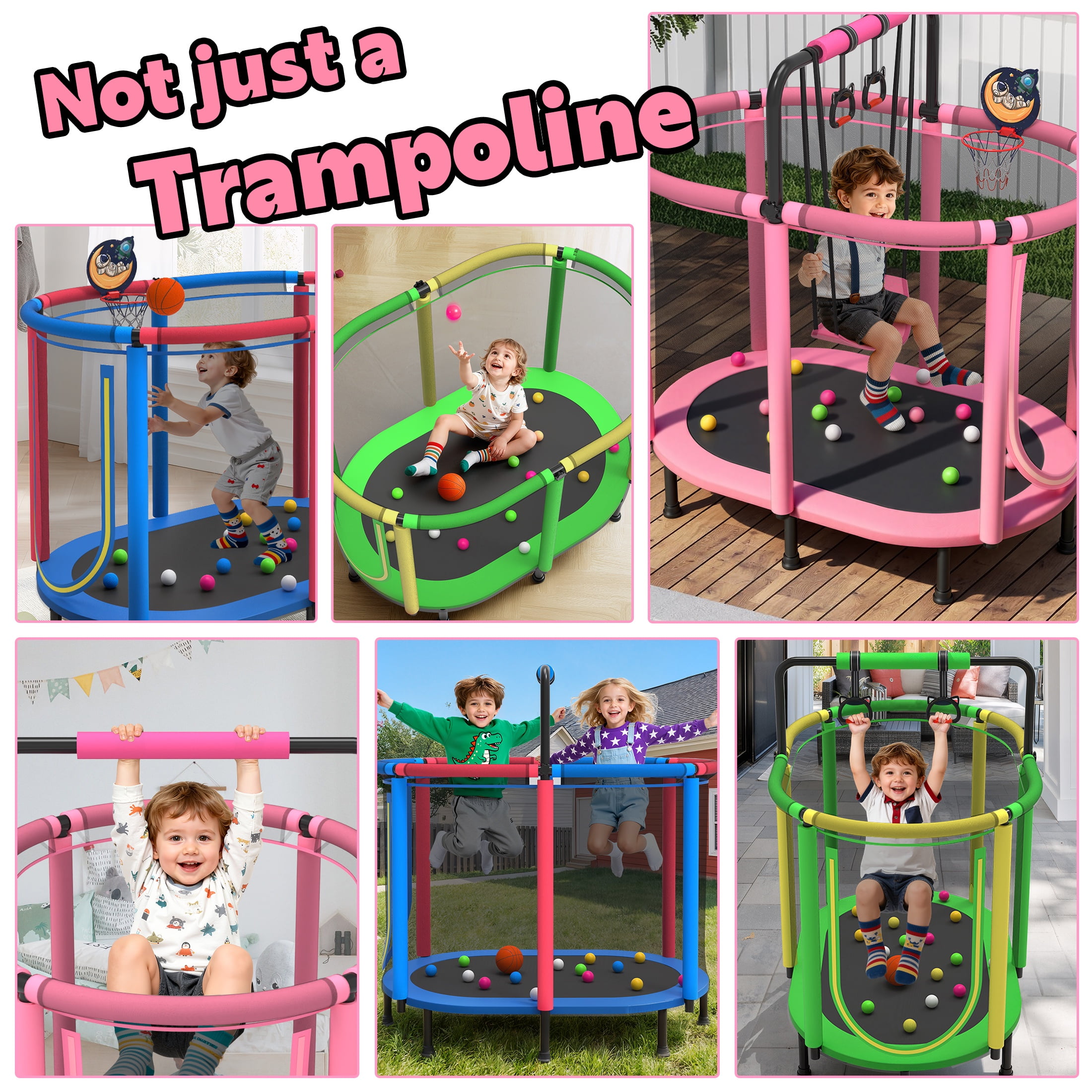 60" Toddler Trampoline with Safety Enclosure Net, SEGMART Upgraded Kids Trampoline with Basketball Hoop, Swing, Rings, Balls, Indoor Outdoor Mini Trampoline Birthday Gift for Kids Ages 3-9