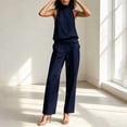 thumbnail image 2 of Morttic Women's Solid Color High Neck Halter Top & Pleated Wide Leg Pants Set – Sleeveless Business Casual & Everyday Outfit Navy Blue，L, 2 of 6