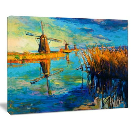 Orange Windmill - Design Art Windmills with Sky and Water Landscape Painting Print on Wrapped Canvas