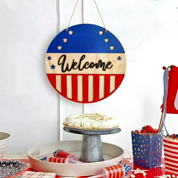 Qocolhg 4th of July Patriotic Welcome Sign 3D Wooden Hanging Sign Stars and Stripes Door Wall Decorations for Independence Day Memorial Day Wreaths Home Coffee Shop Bakery Farmhouse Window