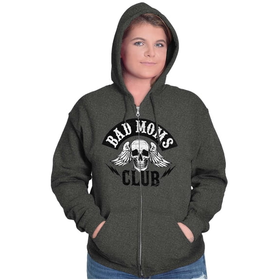 Bad Moms Club Funny Mothers Day Skull Zip Hoodie Sweatshirt Women Brisco Brands S