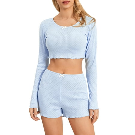 

MaBaby Chic Women s Pajama Set Pointelle Bow Long Sleeve T-shirt with Shorts