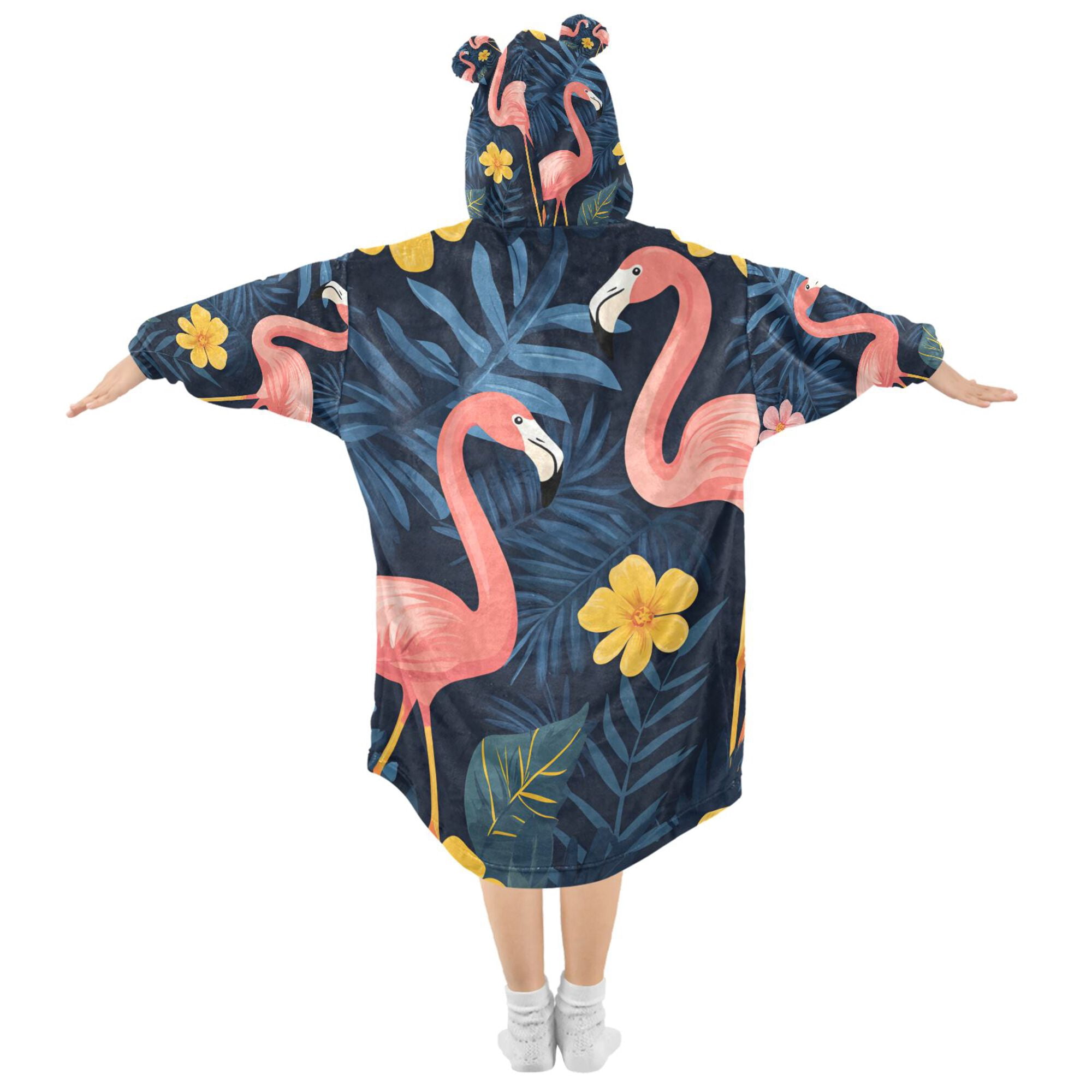 FORMRS Wearable Blanket Hoodie with Sleeves for Kids Cozy Flannel Sweatshirt, Floral Flamingo