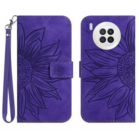 Compatible With Honor 50 Lite Embossed Sunflower with Diamonds Magnetic Card Holder Wallet Phone Case with Shoulder Strap