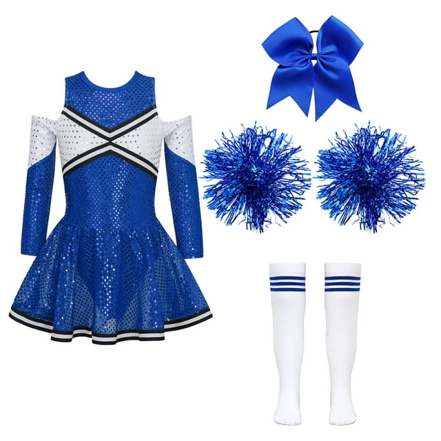 Jhaoyu Ensemble Uniforme de Cheerleading à Manches Longues pour Filles, Bleu Foncé, Taille 10