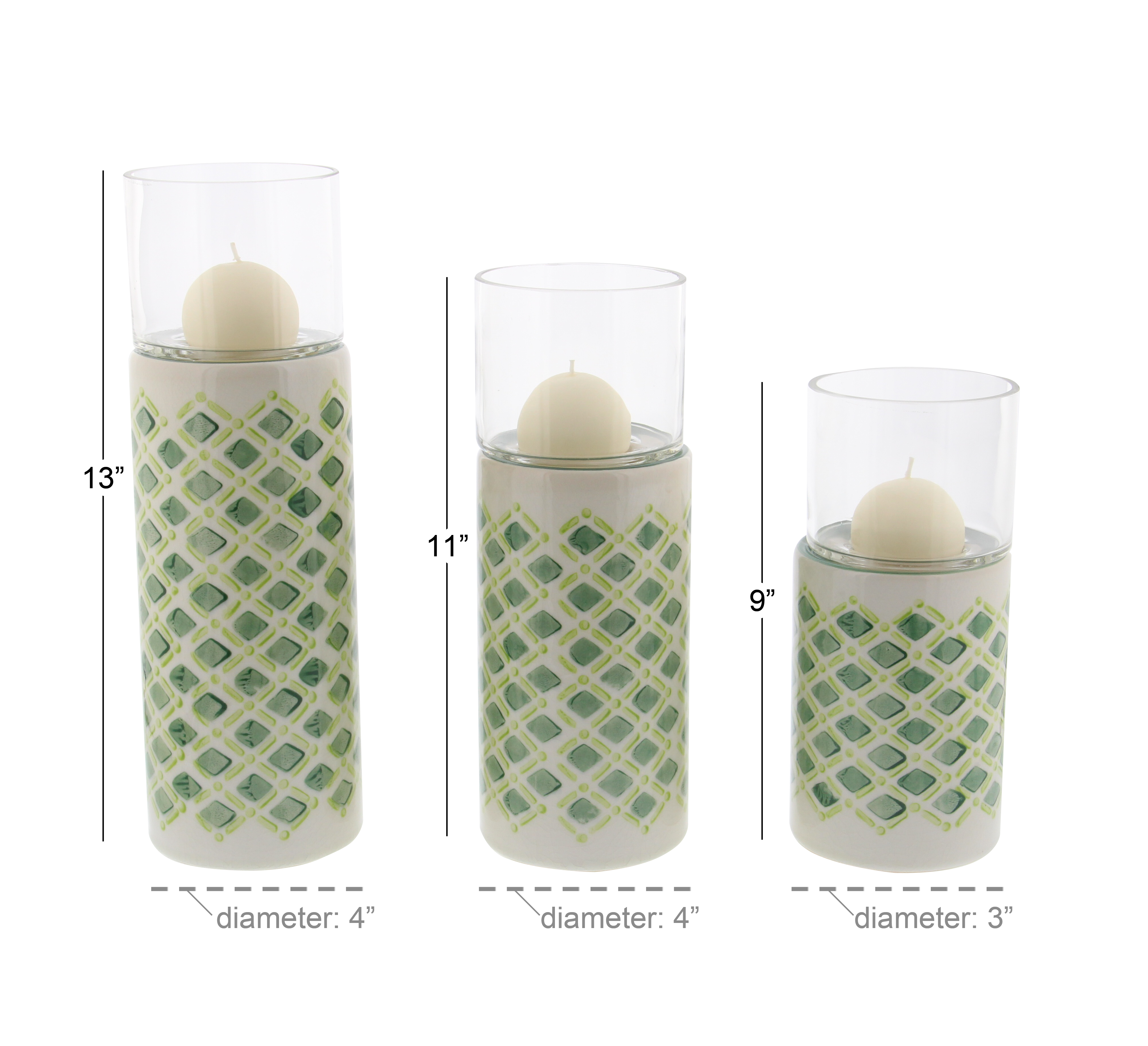 Decmode Contemporary 9, 11, And 13 Inch Lattice Patterned Ceramic And Glass Candle Holders, White, Green - Set of 3