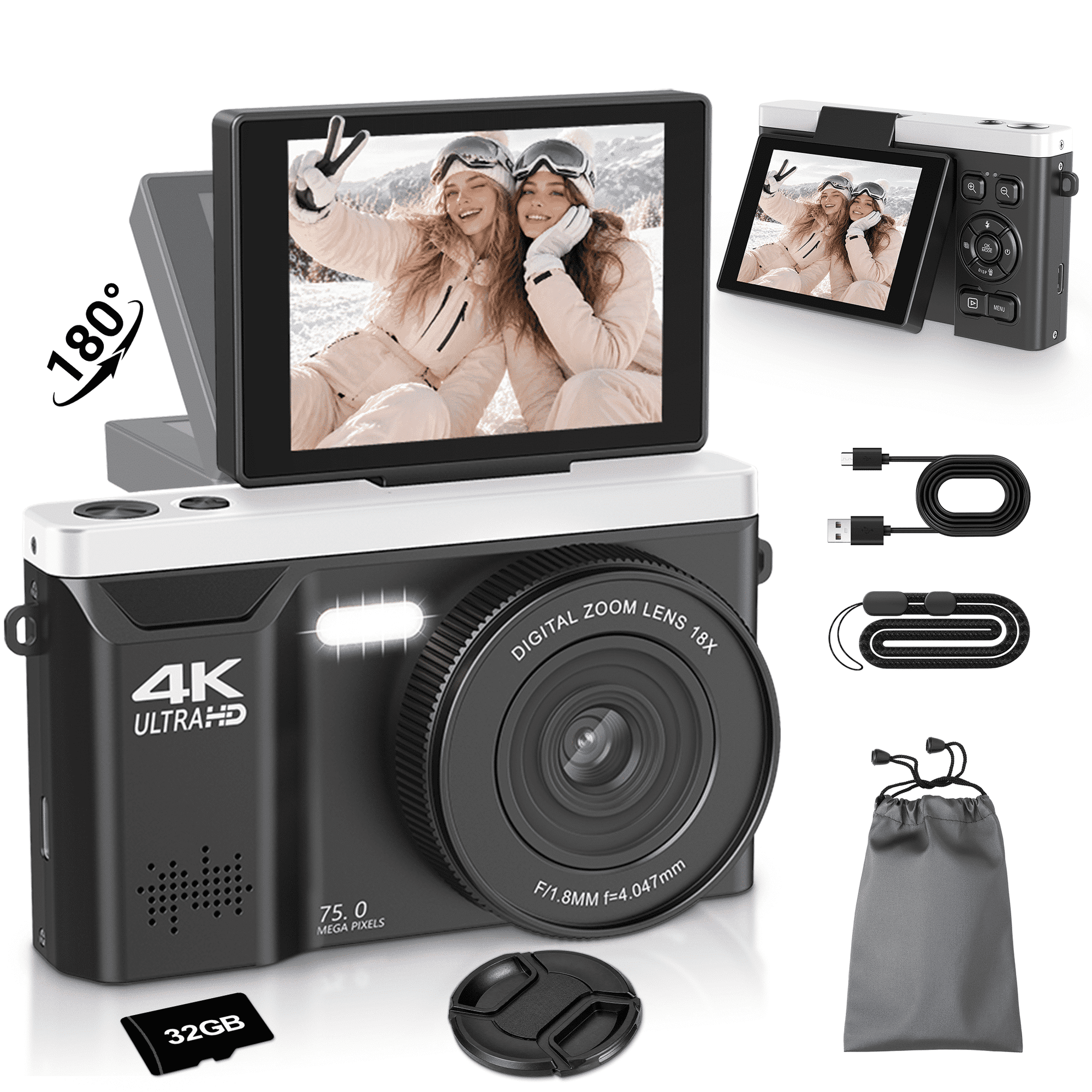 4K Digital Camera with 75MP Photo, 18X Digital Zoom, 2.8" HD Display, Autofocus, Webcam Mode & LED Fill Light for Vlogging, Travel and Everyday Photography