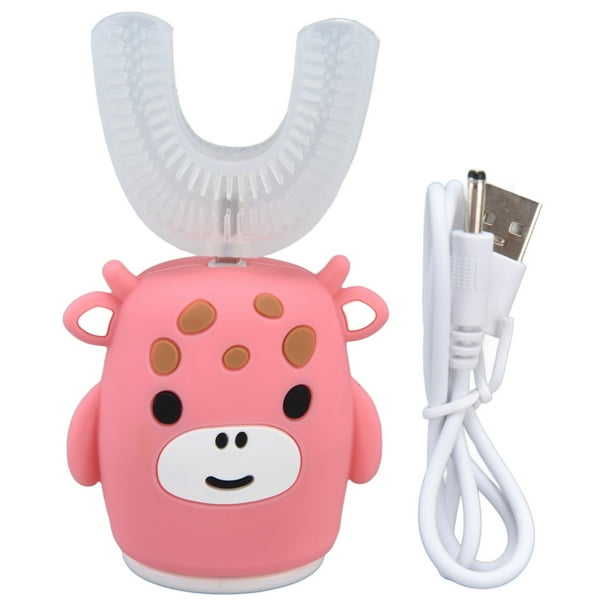 Cepillo de dientes eléctrico para niños con forma de U, color rosa, con dibujos animados, 360°, para toda la boca, limpieza dental, tamaño grande
