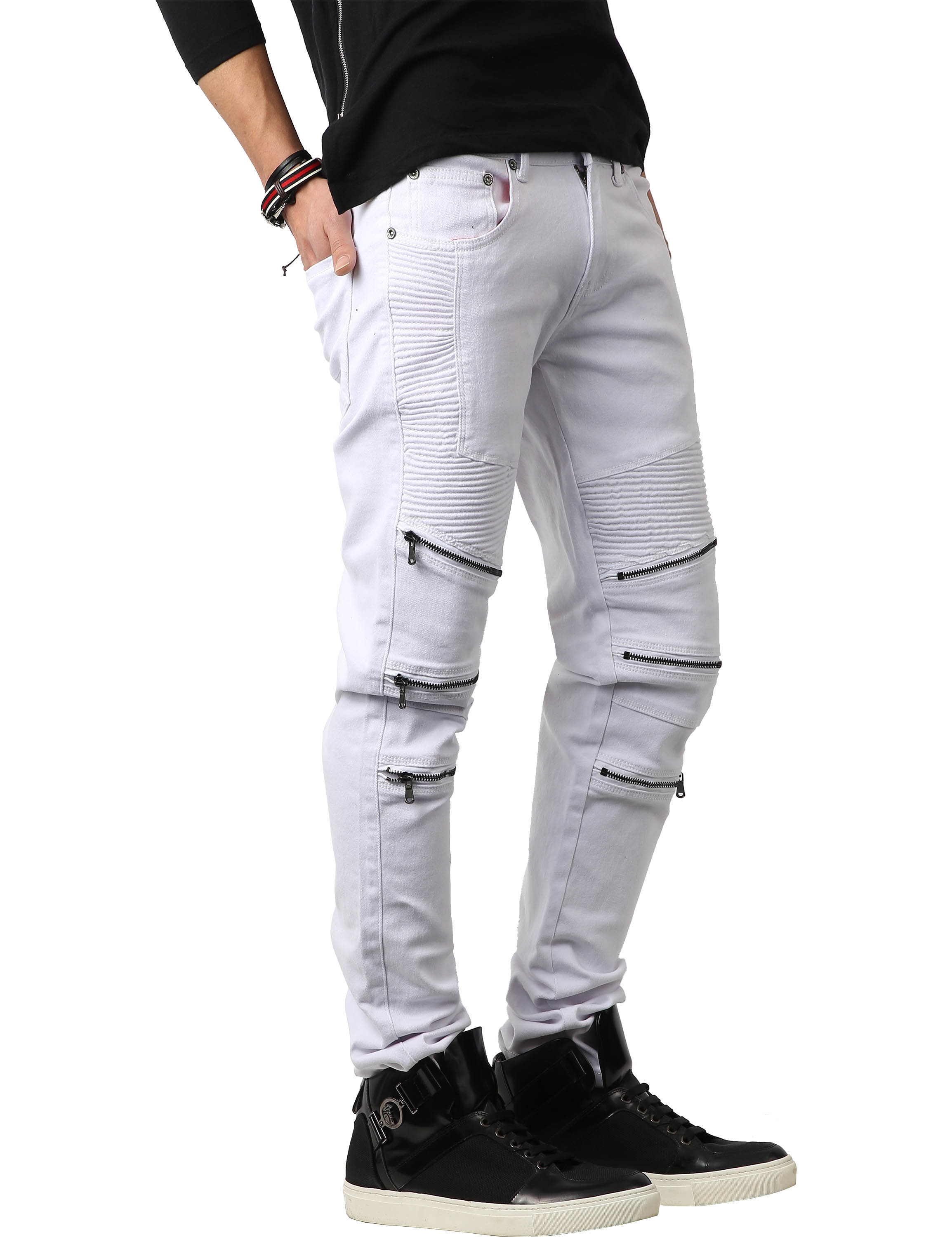 Ma Croix Mens Biker Jeans Distressed Ripped Zipper Straight Slim Fit Stretch Denim Pants - image 3 of 6