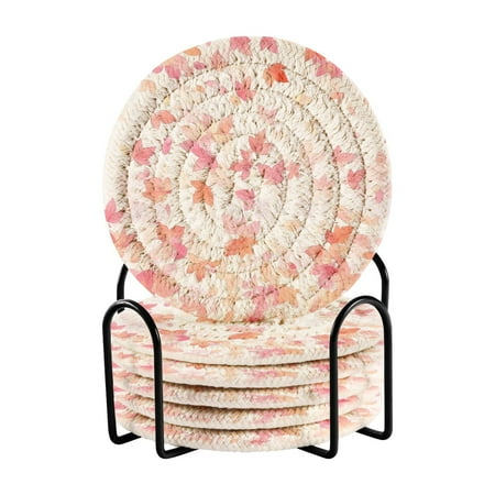 

6 Pcs Drink Coasters with Holder Absorbent Coasters Minimalist Home Decor Coaster Set Stylish Handmade Round Woven Coaster for Drinks Table Desk Protection Pink and Orange Leaves