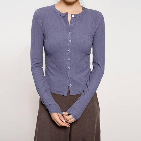 Craaazy Womens Shirts Button Down Shirts For Women Ribbed Knit Cardigan Solid Color Long Sleeve Top Gifts For Women