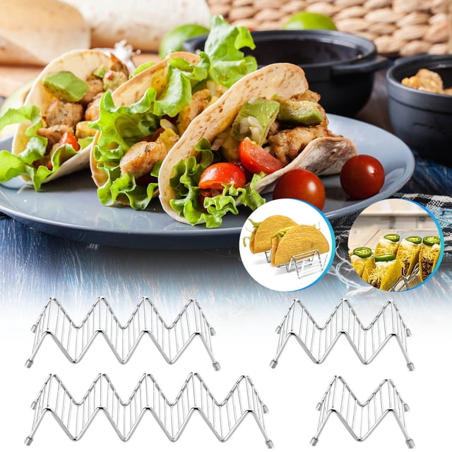 Fiudx Soporte para Tacos de Acero Inoxidable, Resistente a La Corrosión, Apto para Horno, Fácil de Limpiar, Capacidad para 4-5 Tacos, Perfecto para Tacos Blandos y Duros, Ideal para Fiestas En Casa y