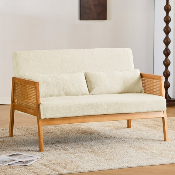 Falvinoryn 48" Wide Small Loveseat Sofa, 2-Seater Sofa with Rattan Arms & 2 Lumbar Pillows, Teddy Upholstered Sofa Couch, Modern Couch for Living Room, Bedroom, Apartment, Ivory white