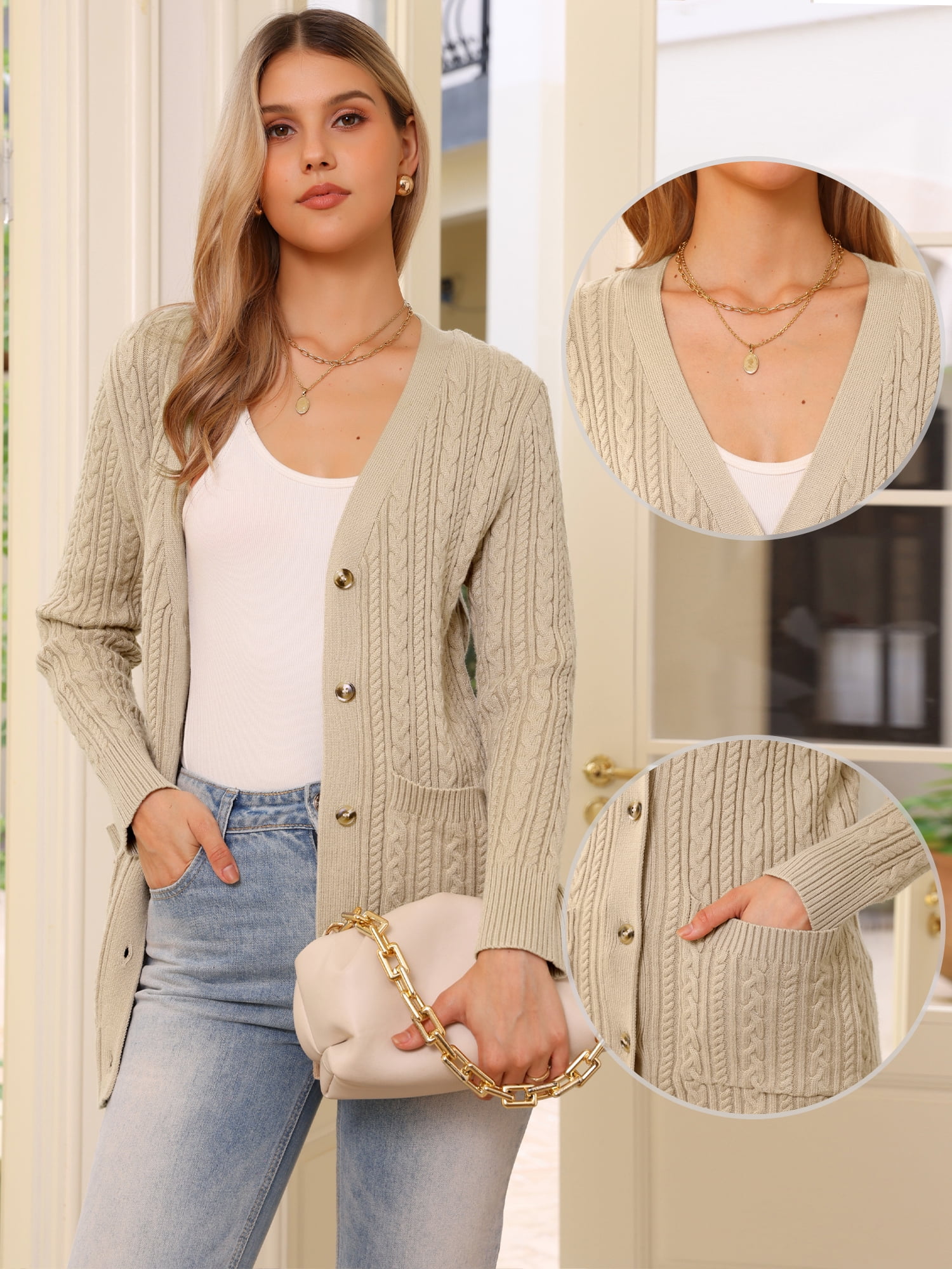 DARING DIVA Women's Cable Knit Button Up Long Sleeve Cardigan Sweaters S Dark Apricot