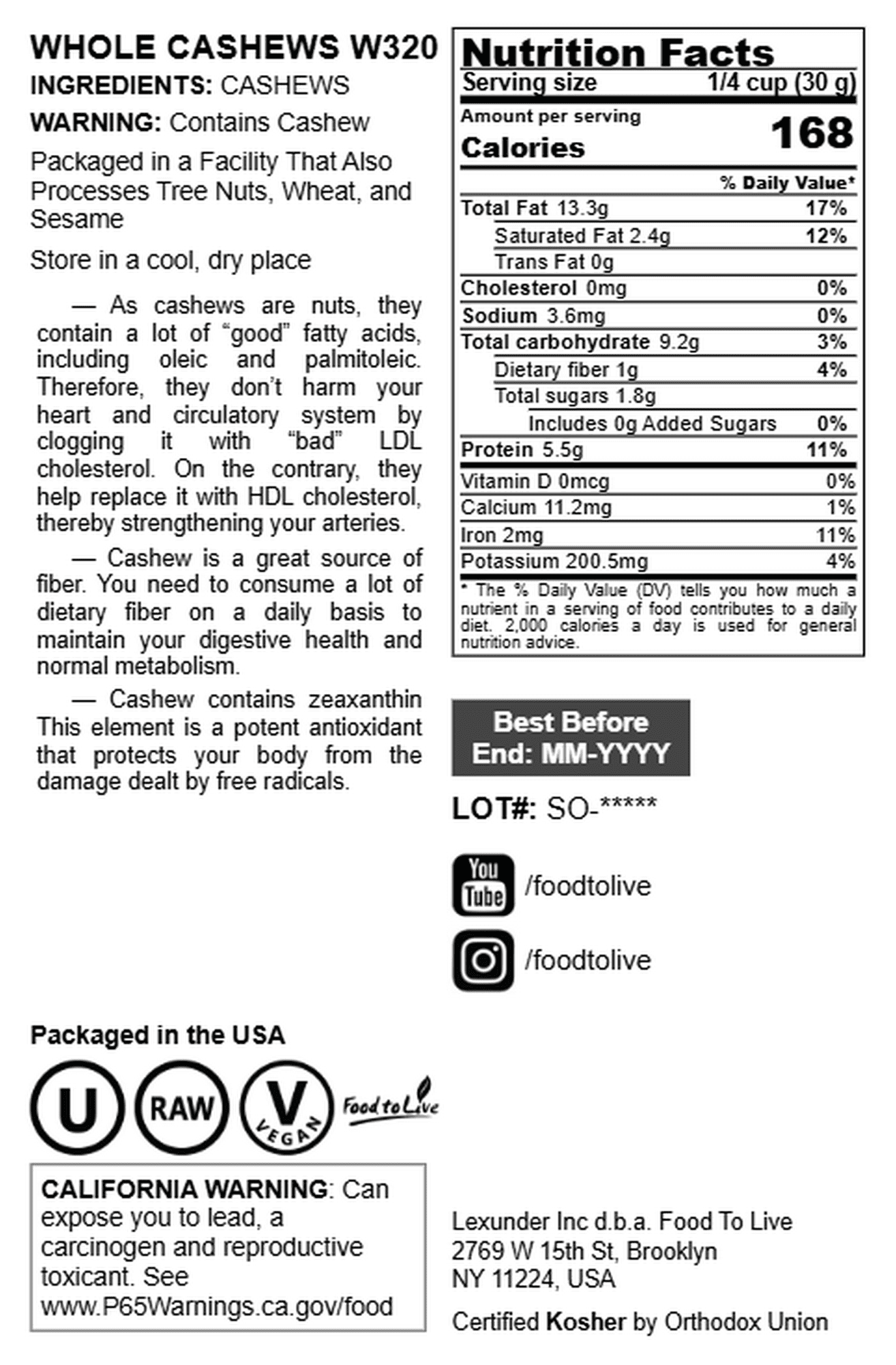 Food to Live, Whole Cashews W320,  10 Pounds, Vegan